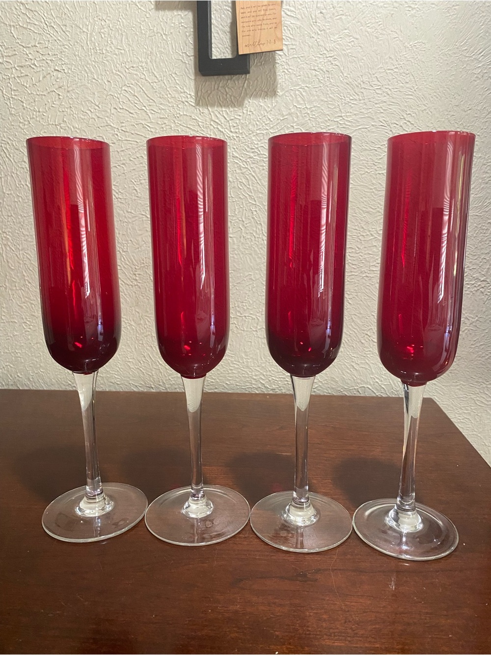Set of 4, Pier 1, Ruby Red Champagne Flutes with Clear Crystal Stems